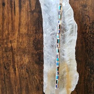 Native American Sterling Silver Bracelet w Turquoise, Jet, Opal, Spiney Oyster